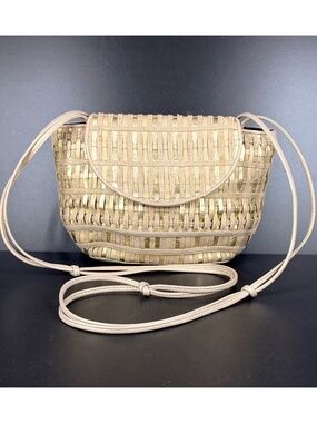 Vintage 80s Sharif Handbag: Woven with Gold-Tone and Natural Fabric Crossbody